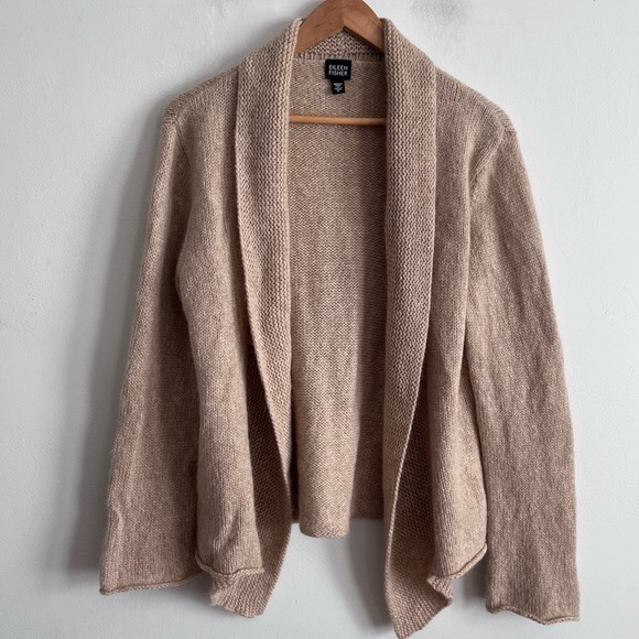 Eileen Fisher Wool Mohair Nylon Open Front Knit Cardigan Tan Size L - Picture 1 of 7
